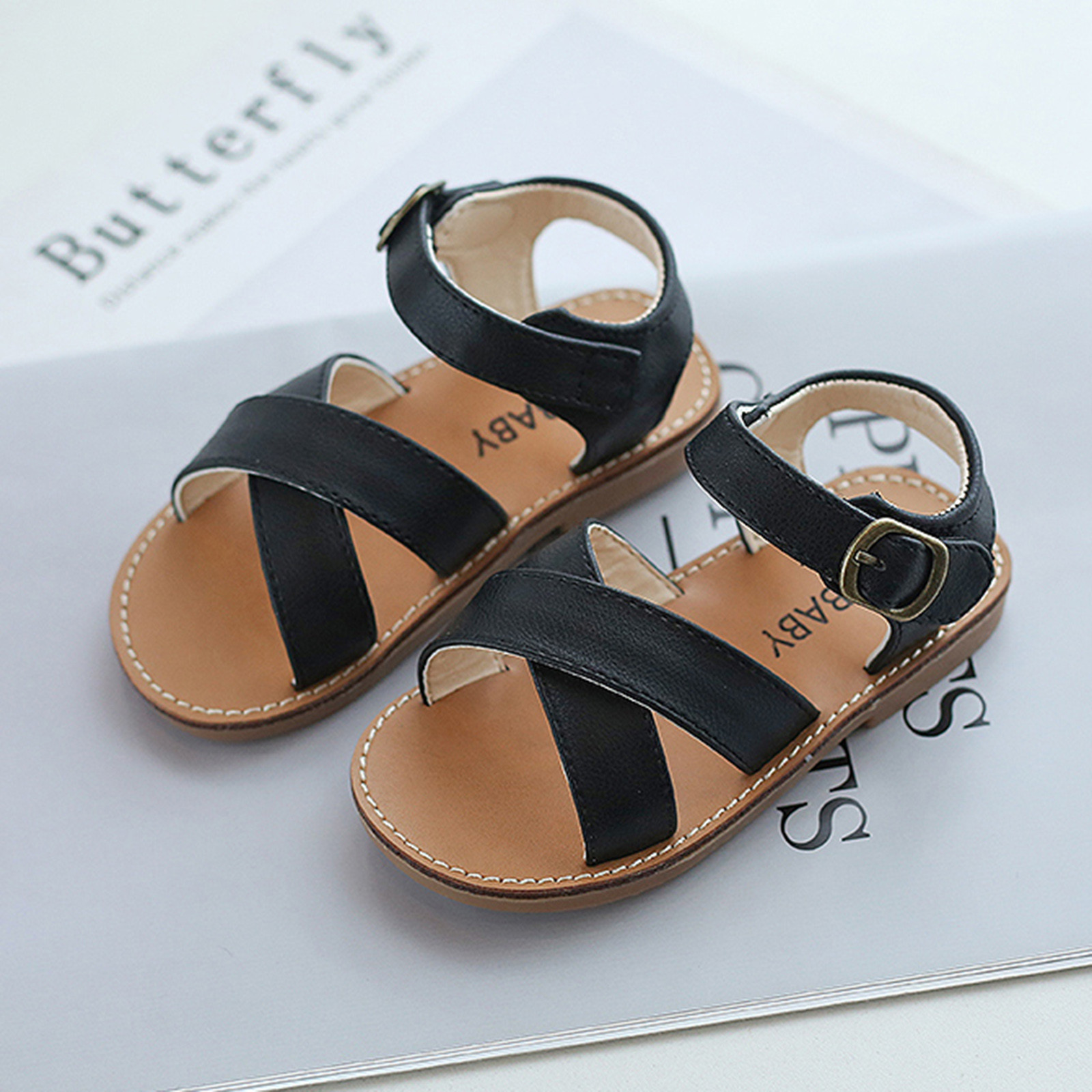 Kids Sandals Children Girls Open-toed Princess Beach Shoes Soft-soled Non-slip Sandals Summer Cross Bandage Buckle Strap Sandals