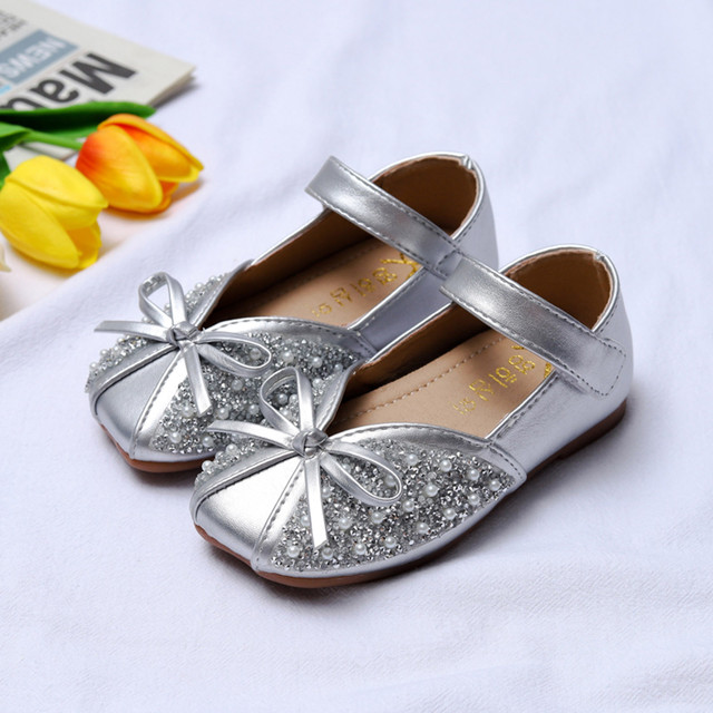 Infant Kids Solid Color Shoe Baby Girls Pearl Crystal Bling Bowknot Non Slip Shoe Elegant Princess Hook Shoes Sandals Chaussure