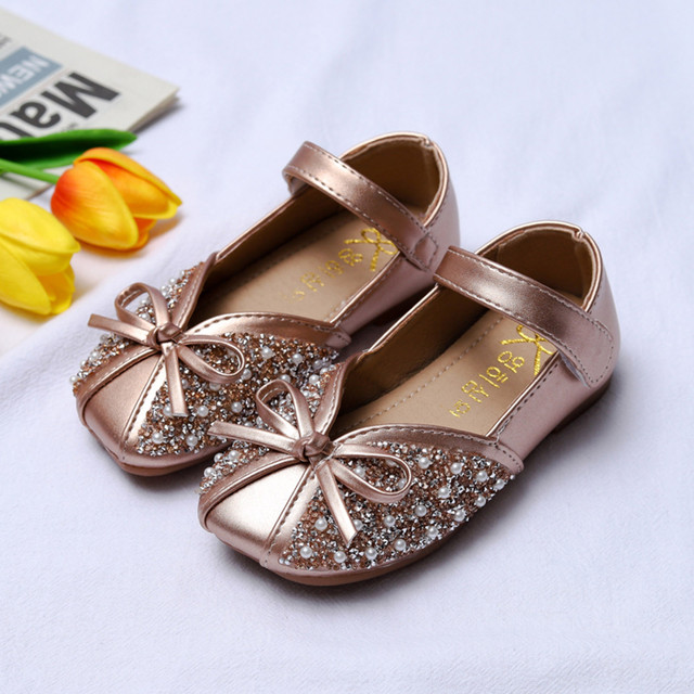 Infant Kids Solid Color Shoe Baby Girls Pearl Crystal Bling Bowknot Non Slip Shoe Elegant Princess Hook Shoes Sandals Chaussure