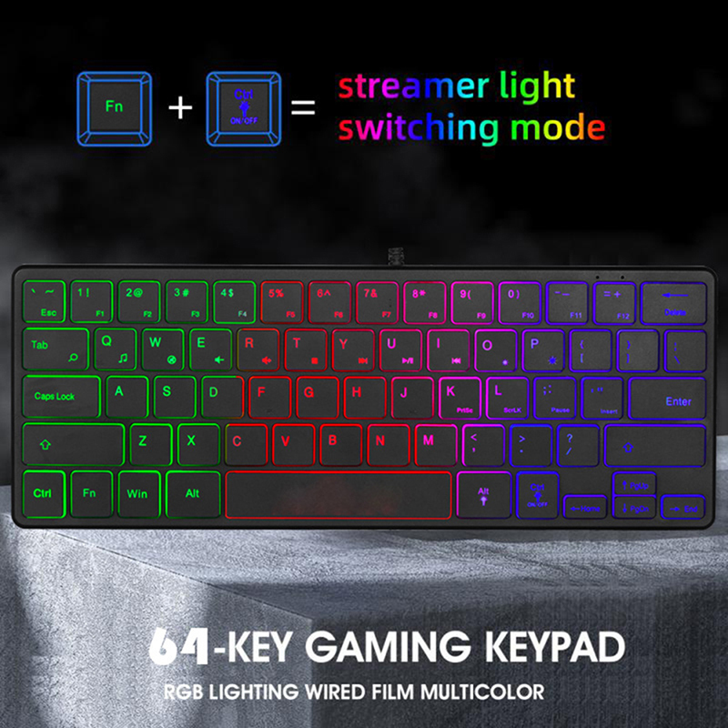 Gaming Keyboard RGB 64 Keys Compact Mini Ultra Thin Wired Keyboard