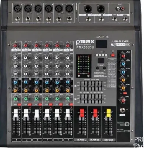 Max 6-Channel Powered Mixer – Professional Audio Console with Built-in Amplifier - Buy the Max 6-Channel Powered Mixer with built-in amplifier, echo effects, EQ, and 6 inputs. Perfect for live shows,