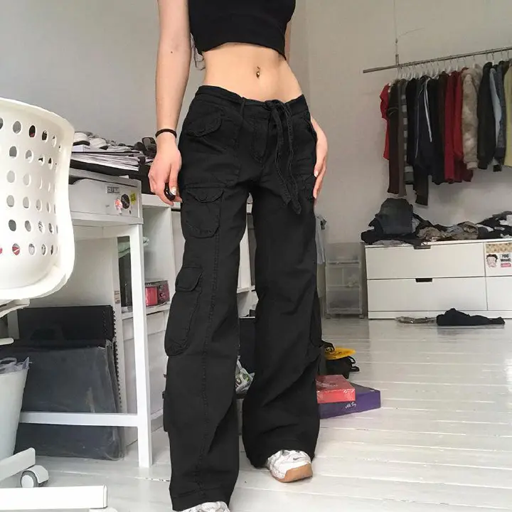 Pockets Cargo Pants for Women Straight Oversize Pants Harajuku Vintage Aesthetic Loose drawstring Low Waist Trousers Wide Leg Baggy Overalls