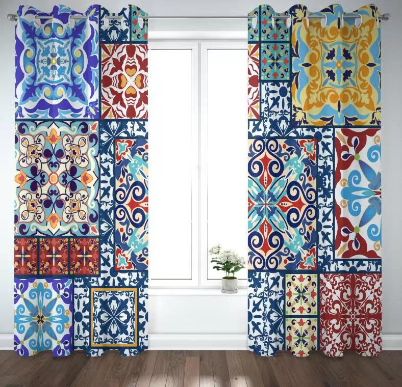 Bedroom shading printing curtain - grommet insulation room living room shading printing curtain