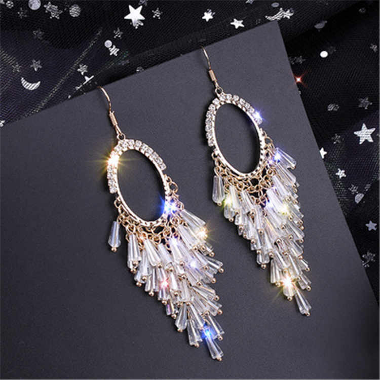 Premium sense earrings Oval crystal tassel earrings temperament niche French exaggerated thin elegant earrings woman