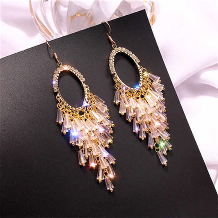 Premium sense earrings Oval crystal tassel earrings temperament niche French exaggerated thin elegant earrings woman