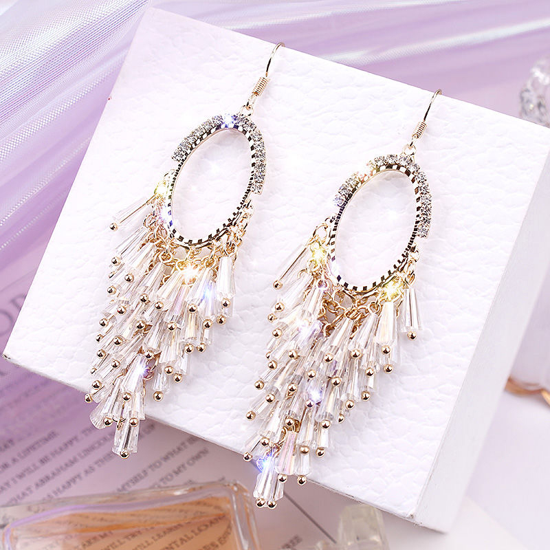 Premium sense earrings Oval crystal tassel earrings temperament niche French exaggerated thin elegant earrings woman