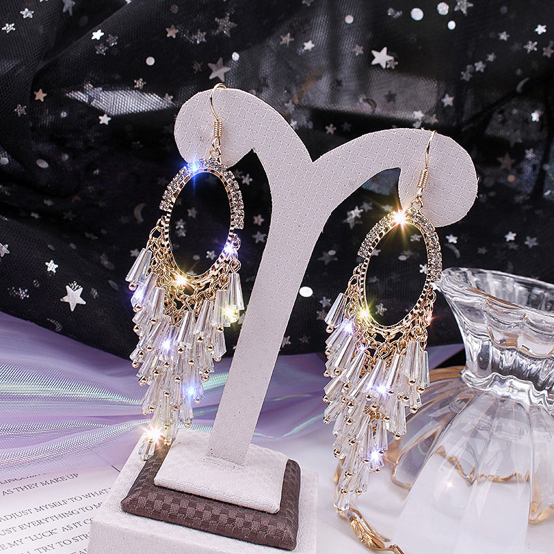Premium sense earrings Oval crystal tassel earrings temperament niche French exaggerated thin elegant earrings woman