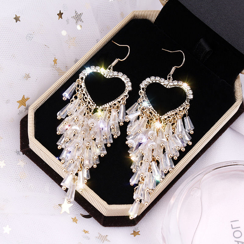 Premium sense earrings Oval crystal tassel earrings temperament niche French exaggerated thin elegant earrings woman