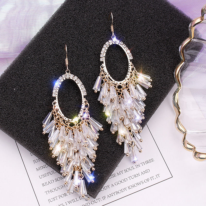 Premium sense earrings Oval crystal tassel earrings temperament niche French exaggerated thin elegant earrings woman