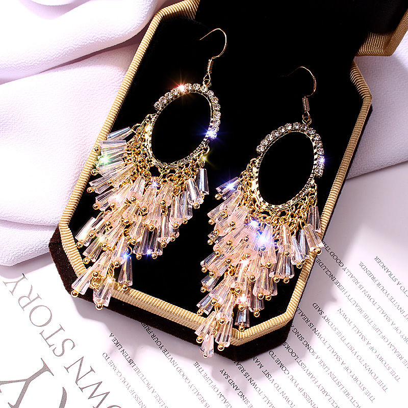 Premium sense earrings Oval crystal tassel earrings temperament niche French exaggerated thin elegant earrings woman