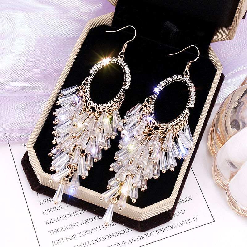 Premium sense earrings Oval crystal tassel earrings temperament niche French exaggerated thin elegant earrings woman