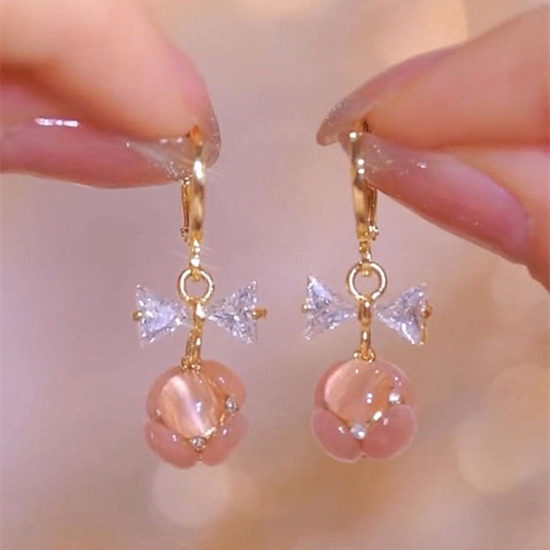 Pink opal ball ear buckle women's bow anti-loss design sense versatile earrings 2022 new design