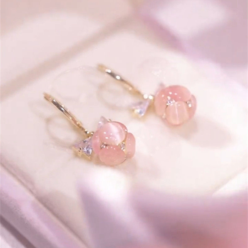 Pink opal ball ear buckle women's bow anti-loss design sense versatile earrings 2022 new design