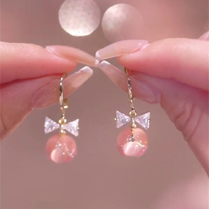 Pink opal ball ear buckle women's bow anti-loss design sense versatile earrings 2022 new design