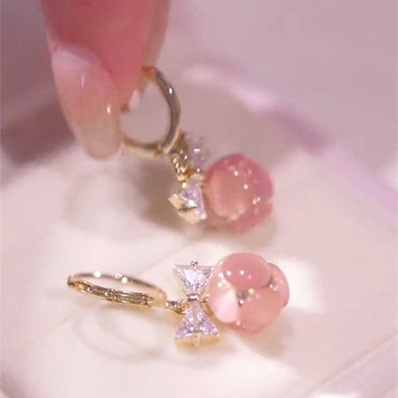 Pink opal ball ear buckle women's bow anti-loss design sense versatile earrings 2022 new design