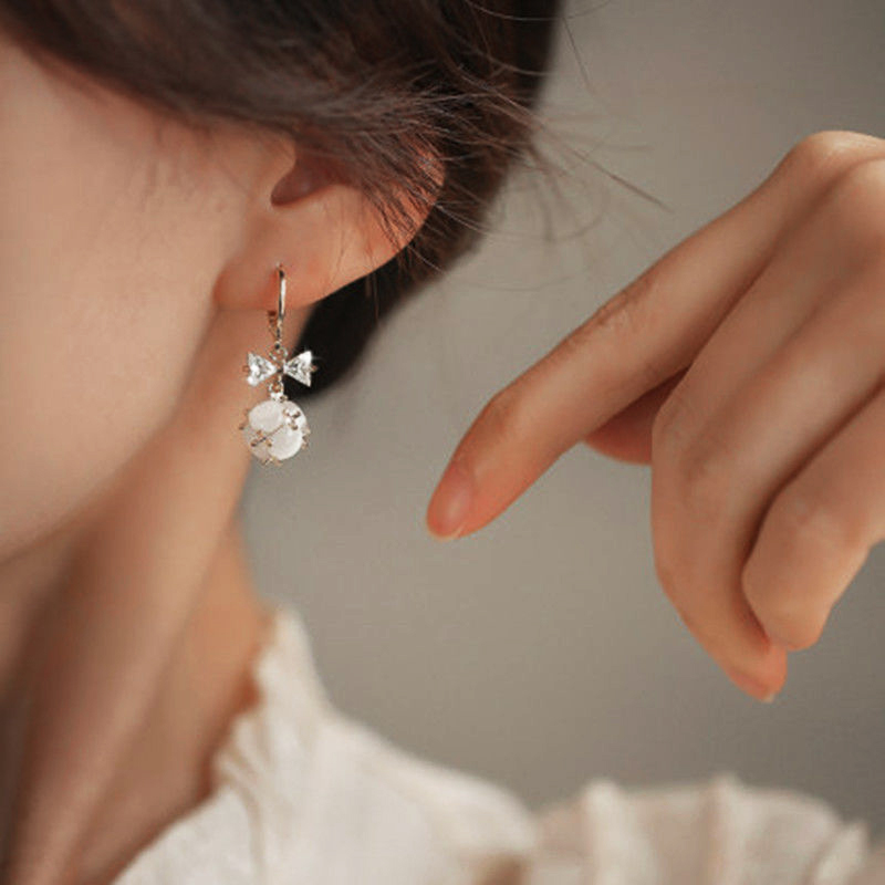 Pink opal ball ear buckle women's bow anti-loss design sense versatile earrings 2022 new design