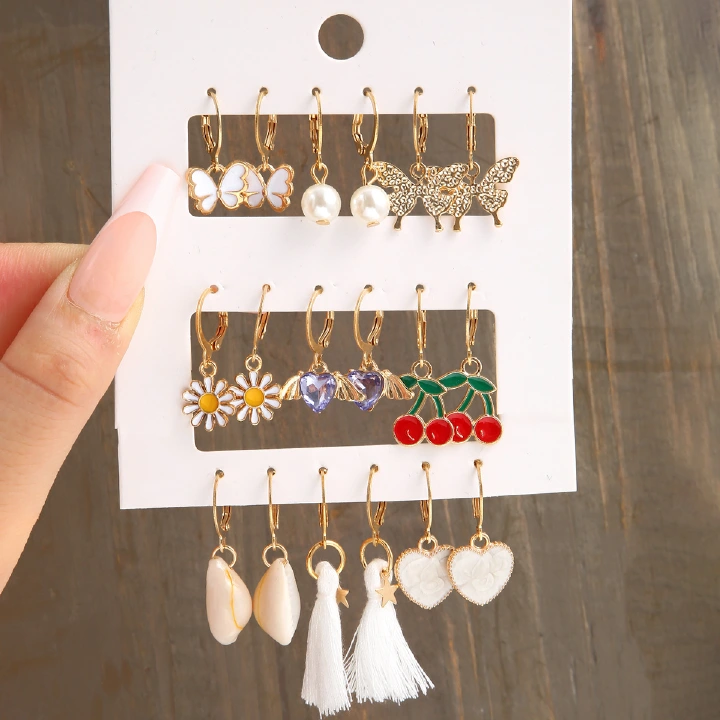 9 pairs of fashion jewelry new alloy inlaid rhinestone earrings set creative butterfly peach cherry pearl earrings Valentine's Day girlfriend gift for women