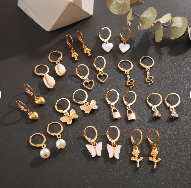 New Love Pearl Lock Snake Butterfly Mushroom Lock Earring Creative Personality Earring Set 12 pieces