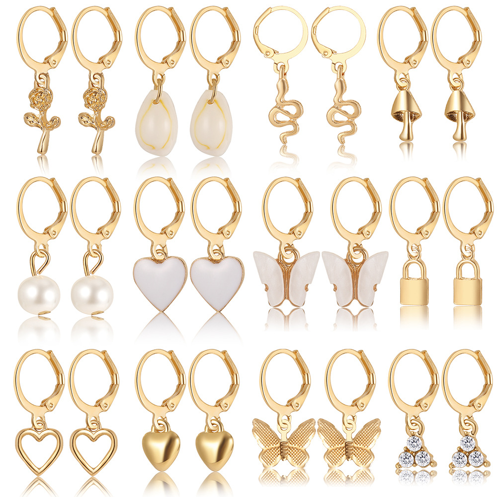 New Love Pearl Lock Snake Butterfly Mushroom Lock Earring Creative Personality Earring Set 12 pieces