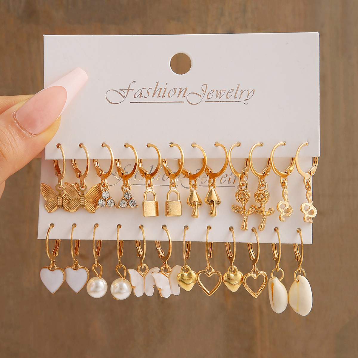 New Love Pearl Lock Snake Butterfly Mushroom Lock Earring Creative Personality Earring Set 12 pieces