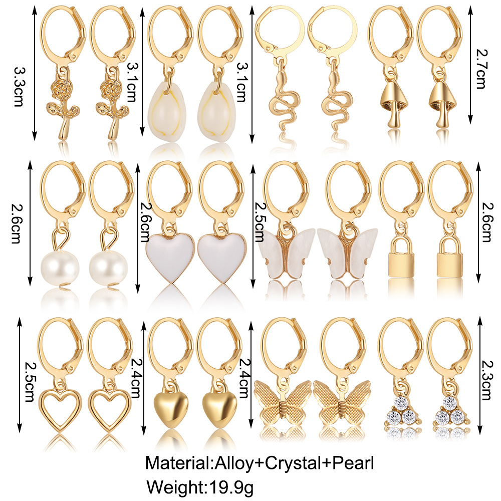 New Love Pearl Lock Snake Butterfly Mushroom Lock Earring Creative Personality Earring Set 12 pieces