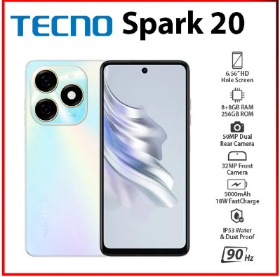 Tecno Spark 20, 6.6" Display, 256GB ROM + 8GB Expandable to 16GB RAM 50MP Camera, Dual SIM, 5000mAh Smart phones