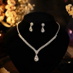 Simple Geometric Rhinestone Necklace Earrings For Women Water Drop Crystal Wedding Bride Jewelry Sets Accessories Silver 3pcs/set