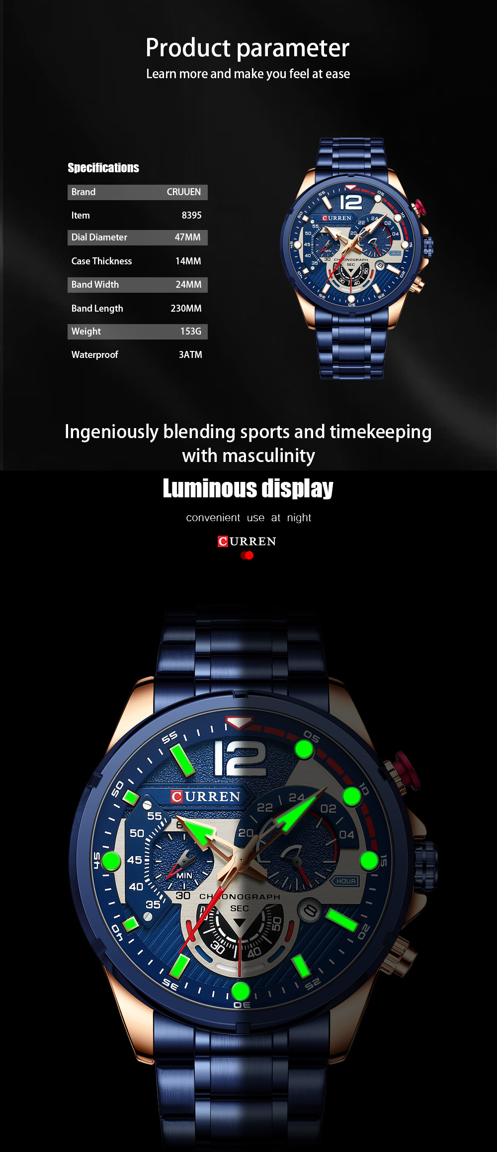 CURREN Men watches Original Brand Casual Sport Quartz Chronograph Wristwatches Luxury Clock with Luminous Watch 8395