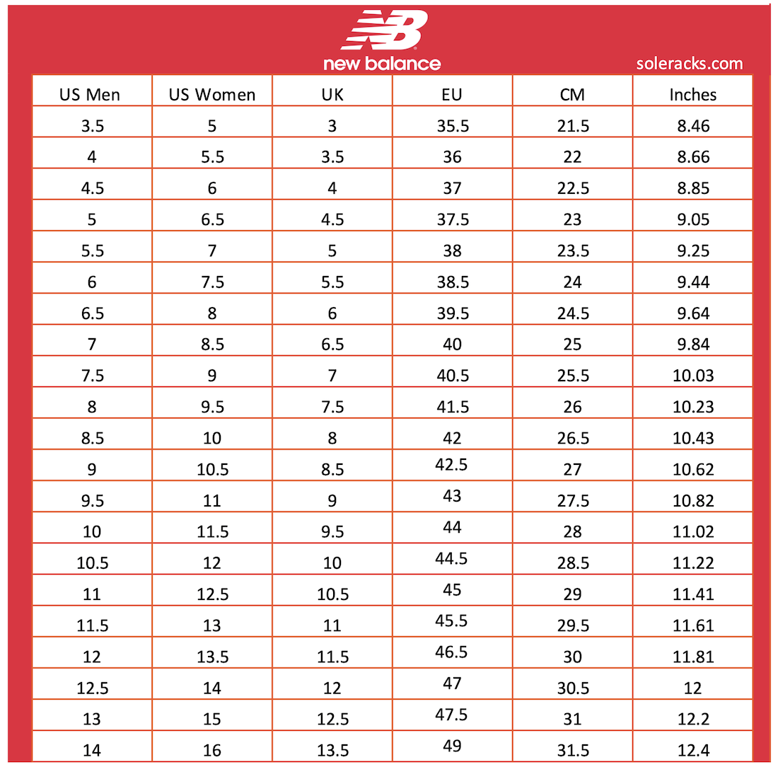 Size chart sale new balance women