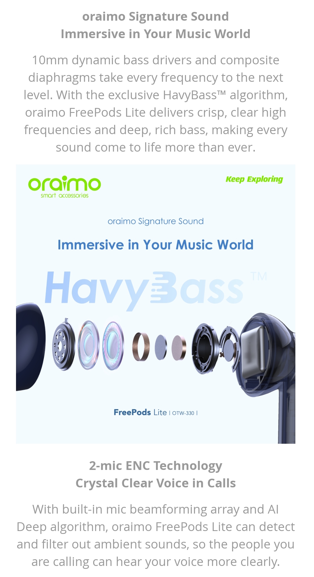 Oraimo FreePods Lite ENC 40-hour Playtime Havybass True Wireless Earbuds  With APP Control