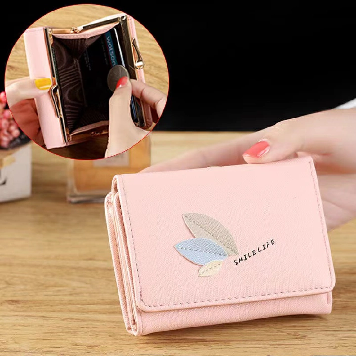 Women's Leather Wallet Lady Trifold Purse Large Big Capacity Clutch Organizer With Card Slots Female Folding Short Money Bag Lady Foldable Bag Women's  wallet fashion Light pink one size