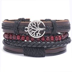 4Pcs/ Set Braided Wrap Leather Bracelets for Men Vintage Life Tree Rudder Charm Wood Beads Ethnic Tribal Wristbands A