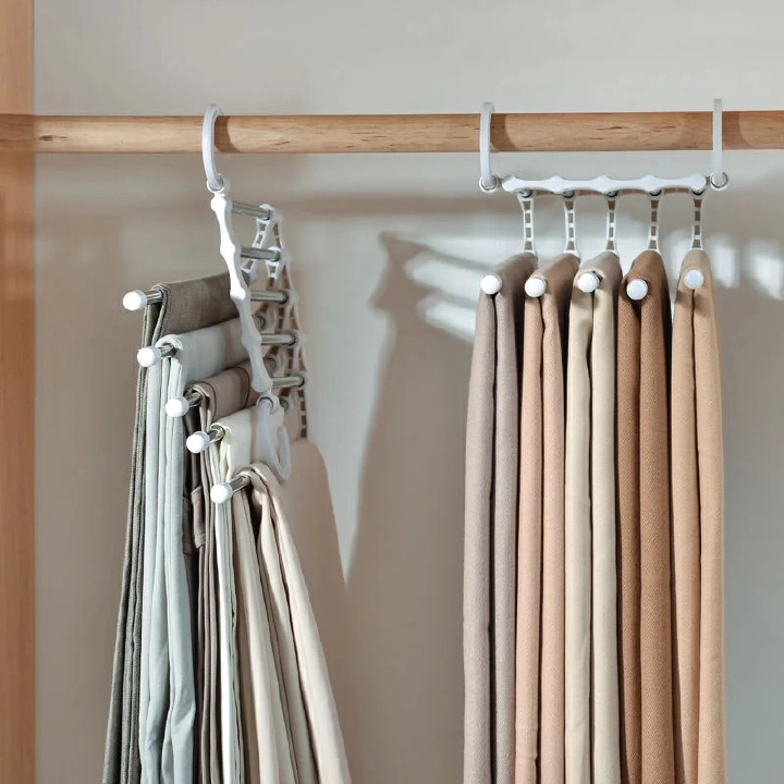 1pc Stainless Steel Retractable and Foldable Multifunctional Multi-layer Trousers Rack Wardrobe Storage 5 In 1 Magic Trouser Rack Hangers Stainless Steel
