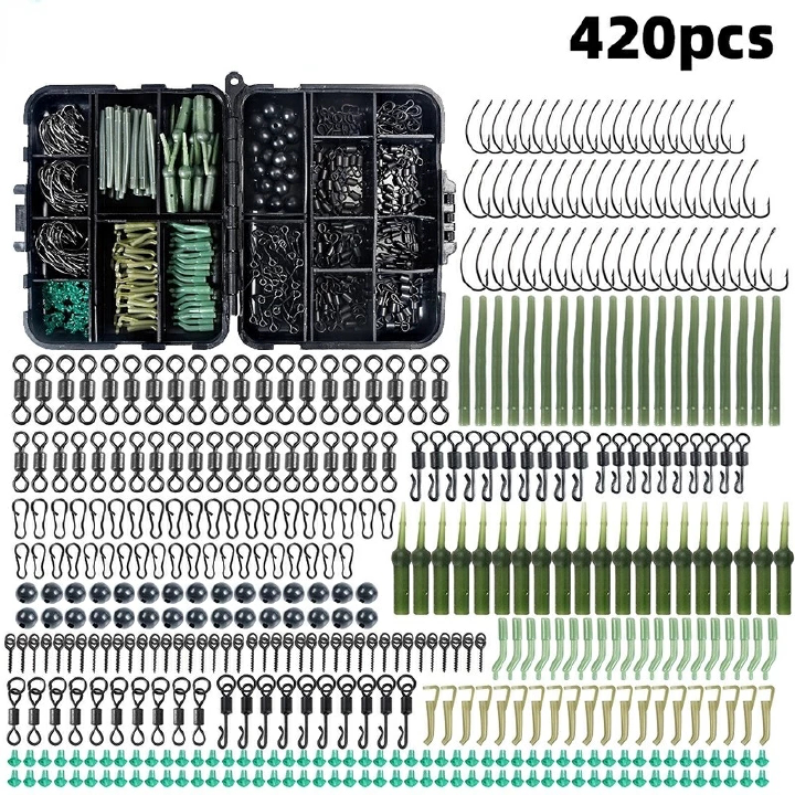 420Pcs/Box Carp Fishing Tackle Kit Including Boilie Bait Screw Accessories Swivels Hooks Anti Tangle Sleeves Hook Stop Beads