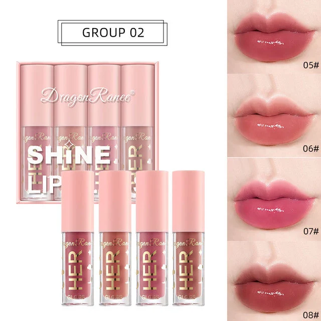 4Pcs/set Liquid Lipstick Pink Lip Gloss Makeup Toot Lip Tint Beauty Mirror Lip Glaze Set Crystal Jelly Moisturizing Lip Oil Set