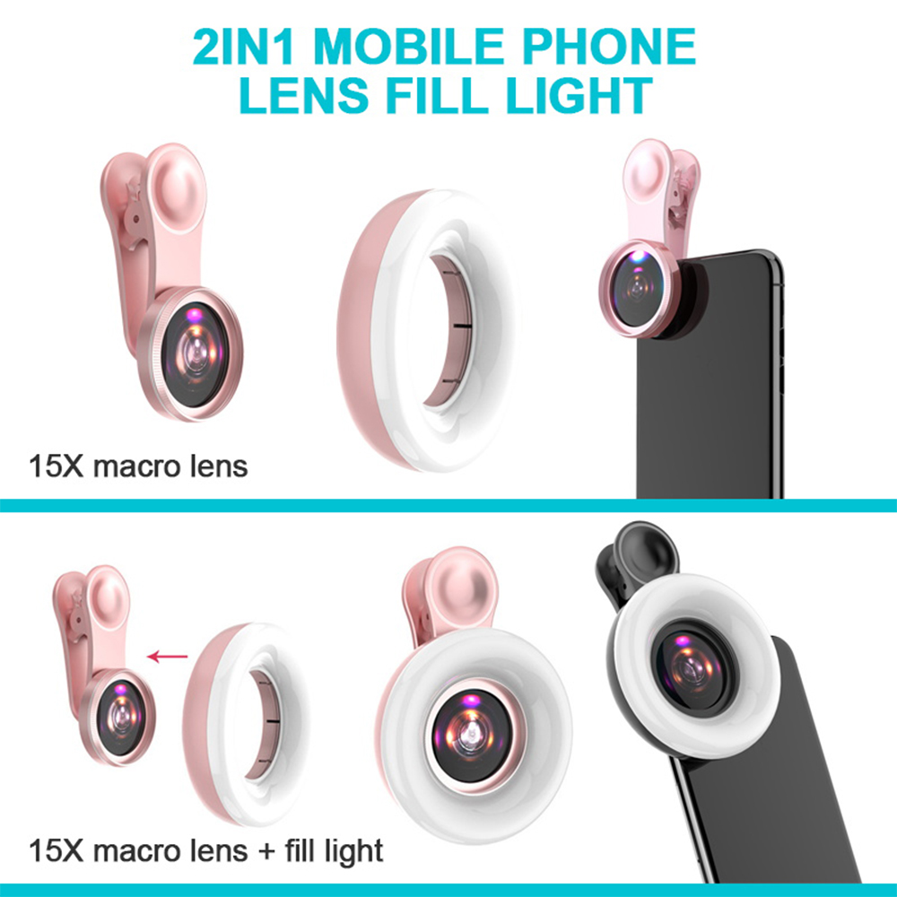 2022 Mobile phone Fill light 15X macro lens Portable Selfie LED Ring Flash Light Phone Selfie Lamp Ring Clip Light Drop Shipping