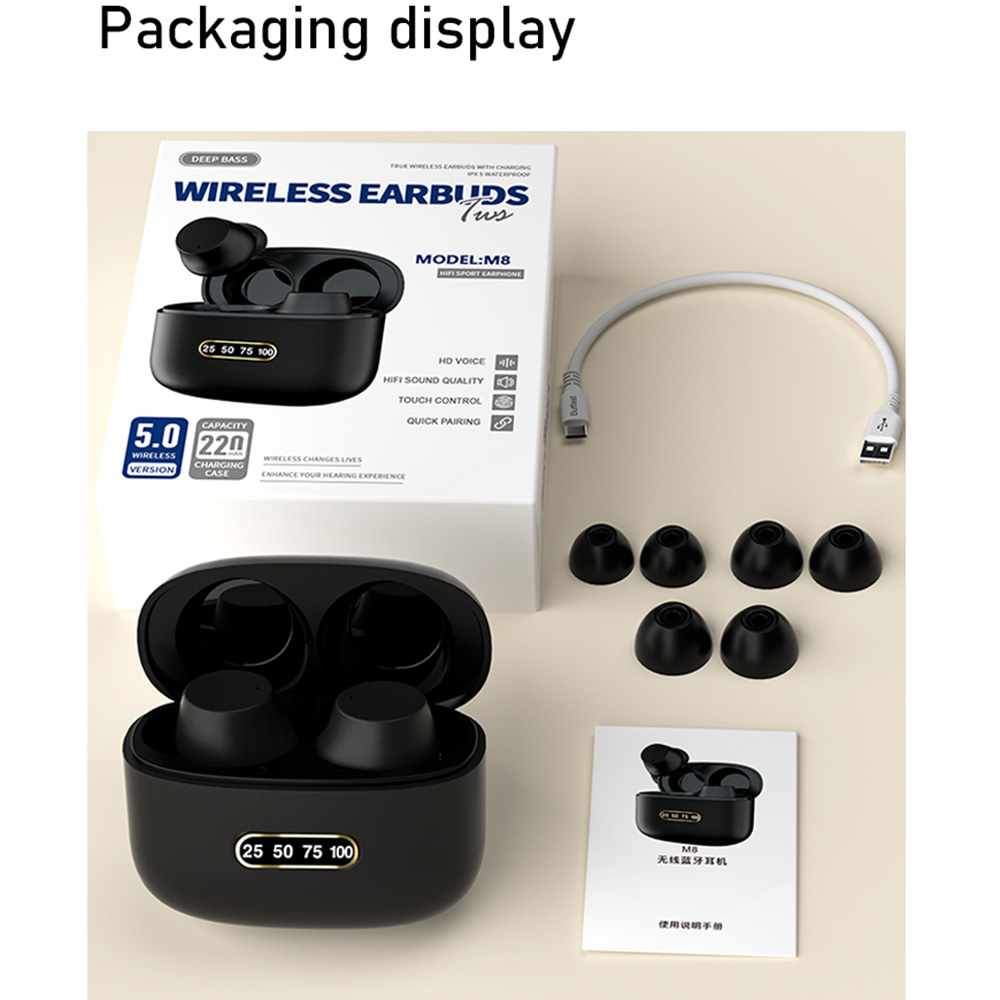 M8 Wireless Bluetooth Earphone Stero Auto Pairing Earbuds IPX54 Waterproof Fast Charging