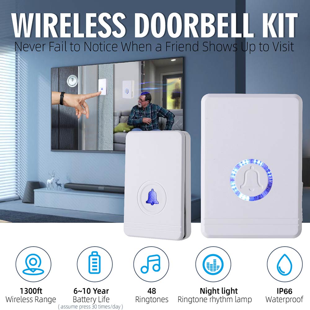 Outdoor Wireless Doorbell 1300ft/396m Security Alarm Welcome Chime Bell Kit 48 Ringtones 97db IP66 Waterproof Door Bell