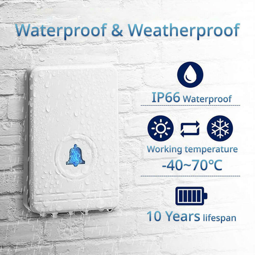 Outdoor Wireless Doorbell 1300ft/396m Security Alarm Welcome Chime Bell Kit 48 Ringtones 97db IP66 Waterproof Door Bell