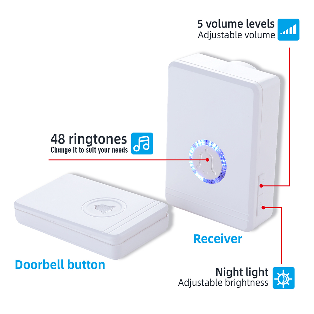 Outdoor Wireless Doorbell 1300ft/396m Security Alarm Welcome Chime Bell Kit 48 Ringtones 97db IP66 Waterproof Door Bell
