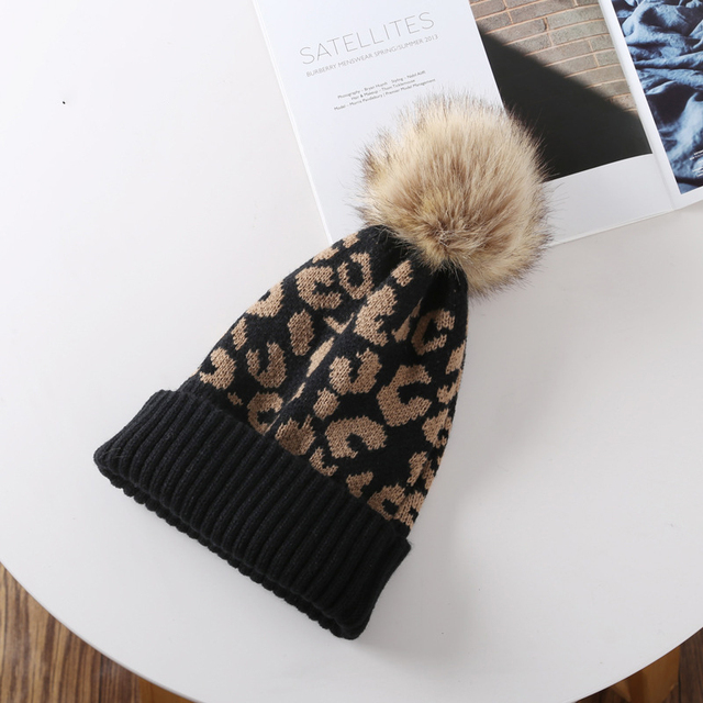 Autumn Winter Leopard Cap All-Match Knitted Wool Ball Hat Outdoor Men Sport Leisure Hats Thicken Warm Elastic