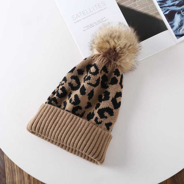 Autumn Winter Leopard Cap All-Match Knitted Wool Ball Hat Outdoor Men Sport Leisure Hats Thicken Warm Elastic