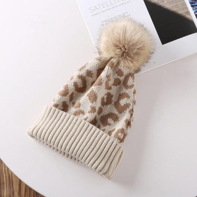 Autumn Winter Leopard Cap All-Match Knitted Wool Ball Hat Outdoor Men Sport Leisure Hats Thicken Warm Elastic