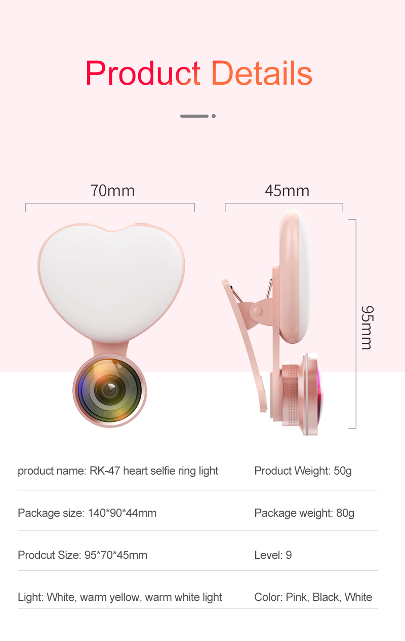 Camera Mobile Phone photographic led Portable selfie ring light RK47 rechargeable with Fisheye lens photography lights lamp