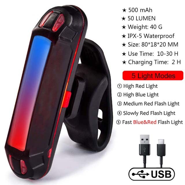 Bicycle Rear Light IPX-5 Waterproof USB Rechargeable LED Safety Warning Lamp Bike Flashing Accessories Cycling Taillight