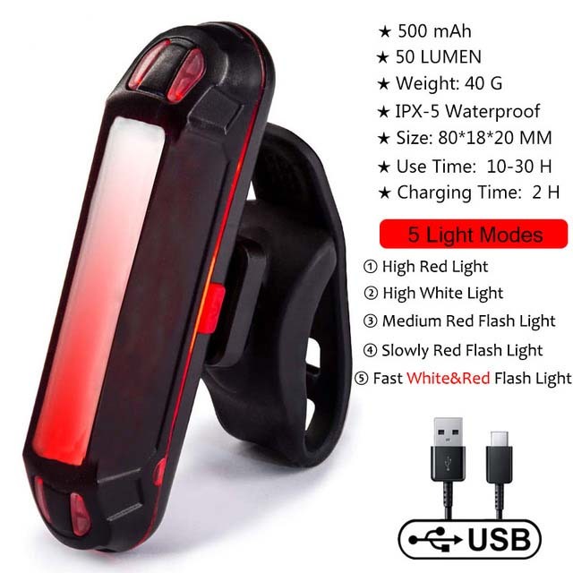 Bicycle Rear Light IPX-5 Waterproof USB Rechargeable LED Safety Warning Lamp Bike Flashing Accessories Cycling Taillight
