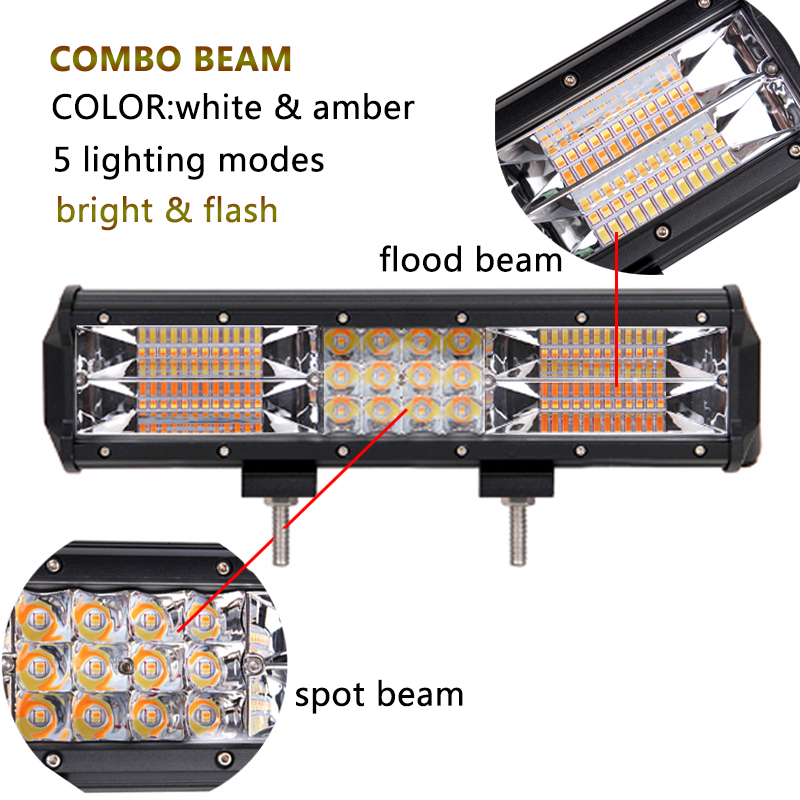 2pc 13Inch 180W Strobe Flash Car LED Work Light Bar Amber White Combo Beam for Offroad 4x4 Truck SUV ATV Boat 24V