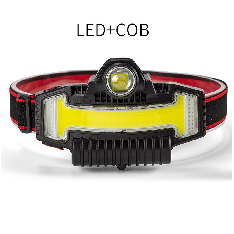 New Zoom Long-range LED+COB Strong Light Headlight Built-in Battery USB Charging Work Light Red and Blue Warning Flash Light