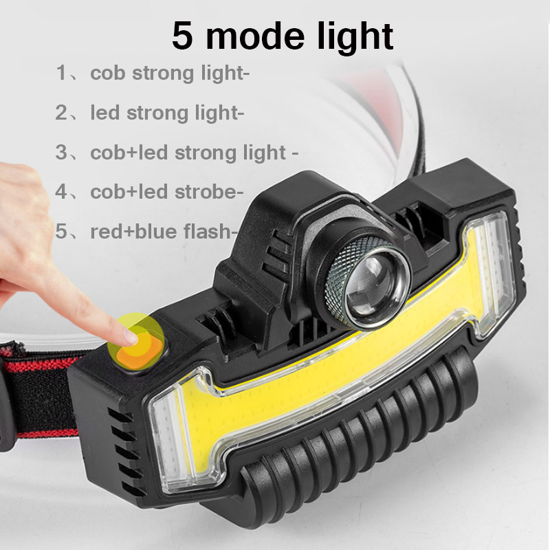 New Zoom Long-range LED+COB Strong Light Headlight Built-in Battery USB Charging Work Light Red and Blue Warning Flash Light