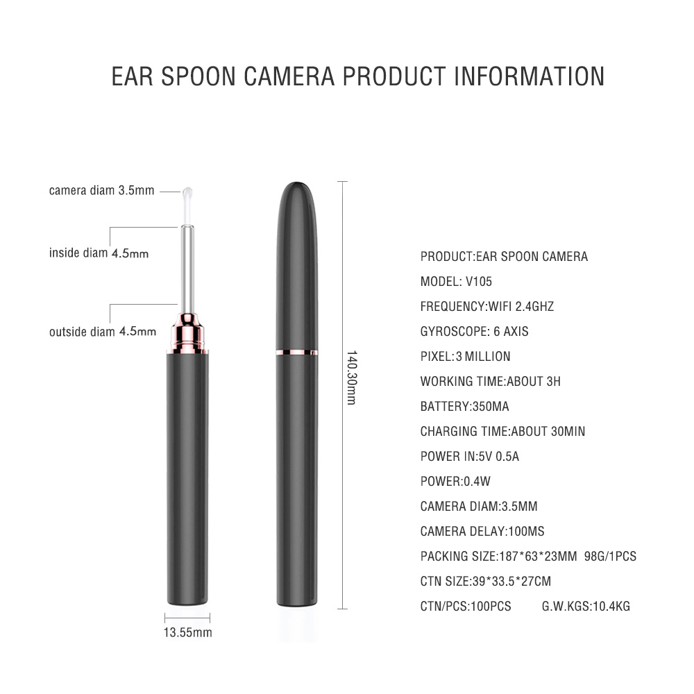 Wireless In Ear Cleaning Endoscope Spoon Portable WiFi Mini Camera Ear Picker for Adults Kids Compatible with Android iOS Visual